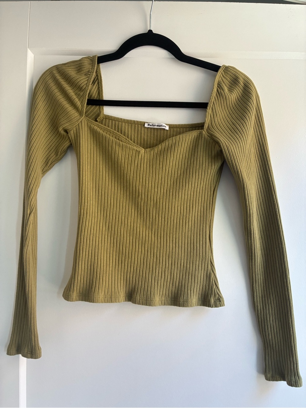 Reformation Olive Rib-Knit Long Sleeve Square-Neck Top